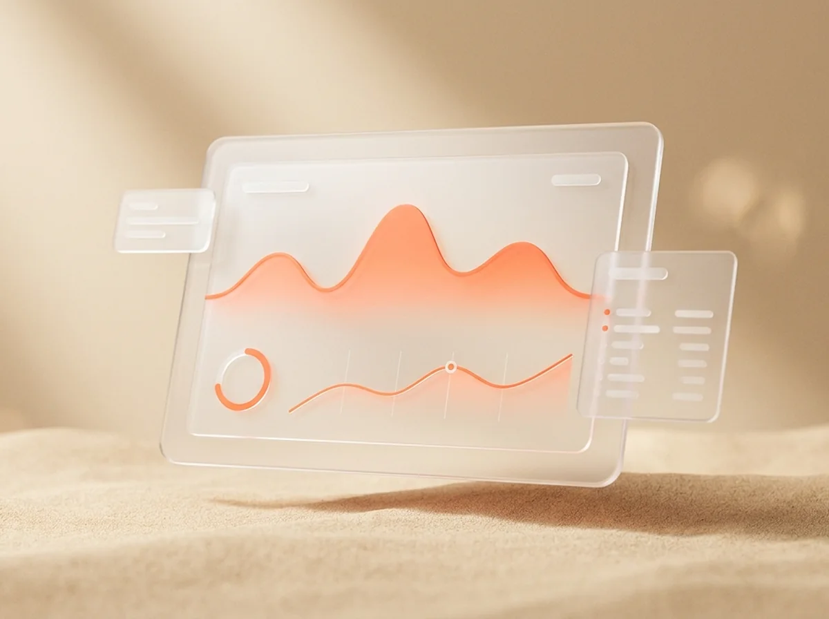 A frosted-glass workspace panel floating on warm sand, with a coral activity waveform, messages, files and calendar.