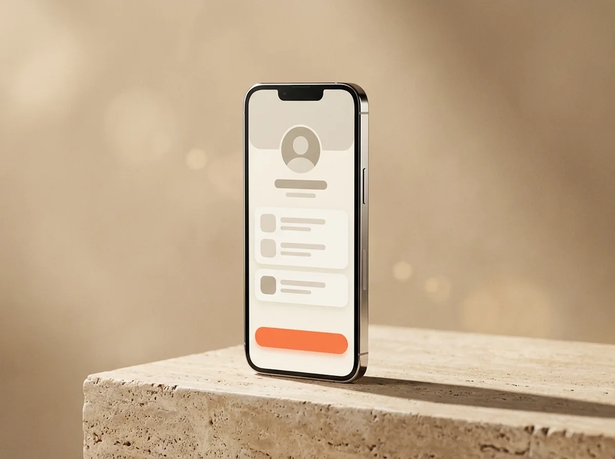 A phone on a stone plinth showing the portal on mobile with a coral approve button.